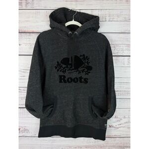 Roots Canada Black Marled Flocked Beaver Logo Hoodie M